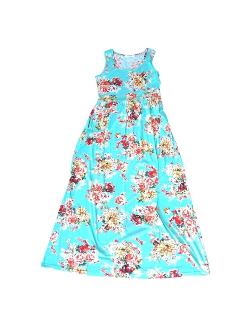 Comila Turquoise Floral Print Sleeveless Maxi Dress Scoop Neck Fit Flare Women